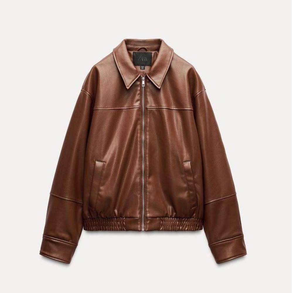 Zara Faux Leather Tan Brown Oversized Boxy Bomber Jacket Casual Everyday Fall M